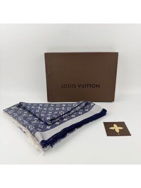 Louis Vuitton Monogram Shaw Silk Navy Vintage Scarf